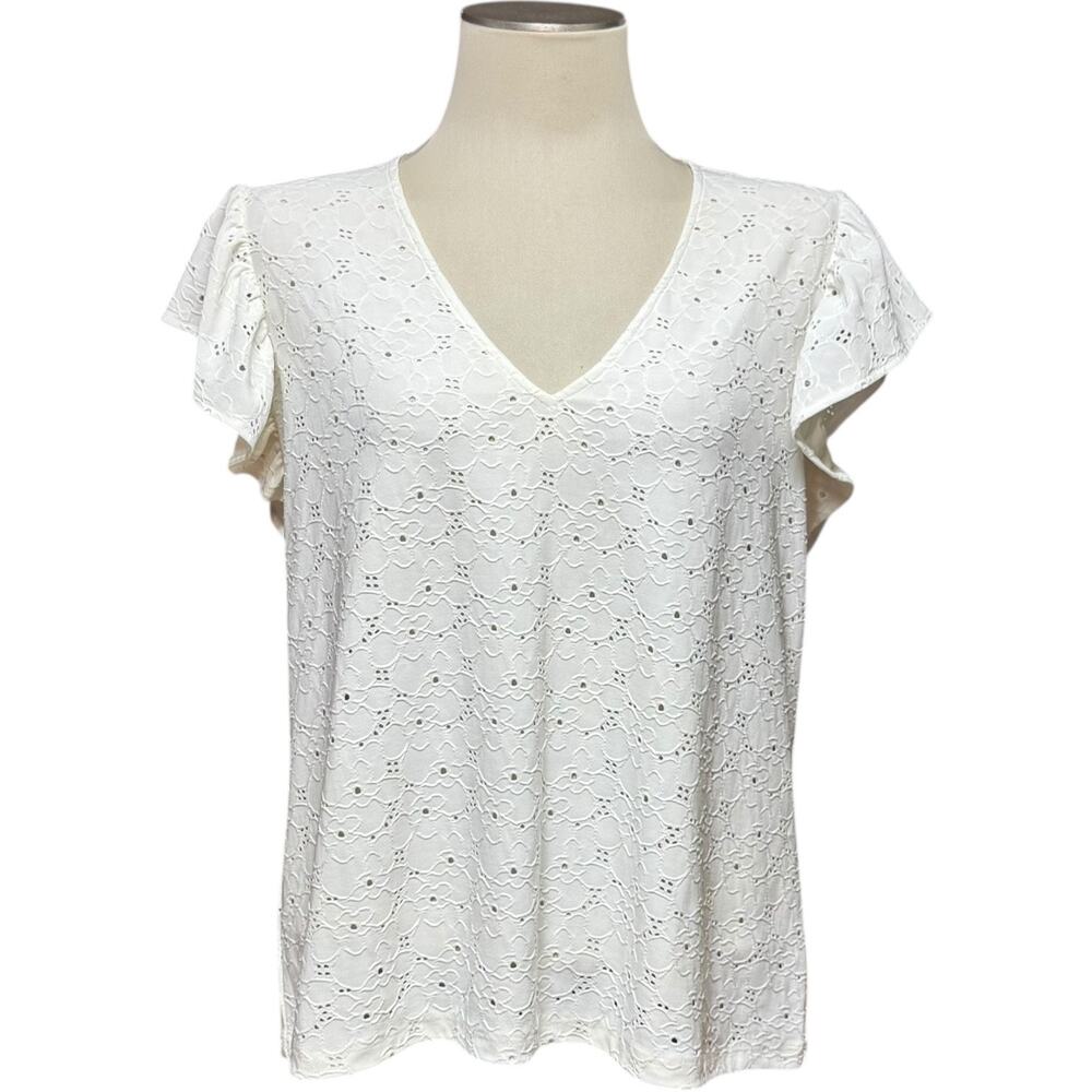 Michael Michael Kors V-Neck Flutter Sleeve Embroidered Eyelet Top Cream XL